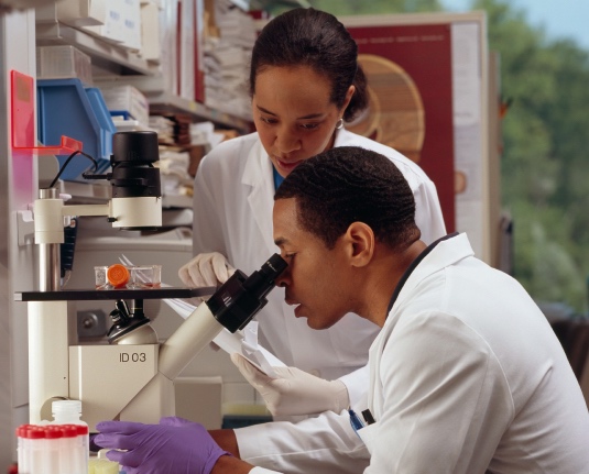 A woman helping a man to see through a microscope.
